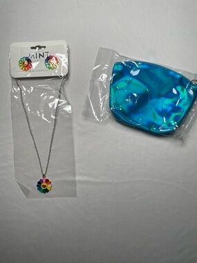 Silver Colored Happy Face Rainbow Flower Necklace/Earrings Set W/ FREE COIN BAG!